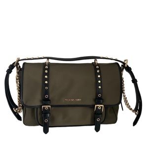 Michael Kors $258 Leila Nylon Leather Trim Flap Messenger Crossbody Olive Bag